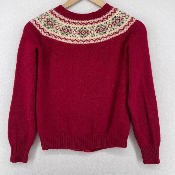 JOHN TULLOCH Sweater Womens XS Shetland 100% Wool Fair Isle Cardigan Red VTG - Picture 2 of 12